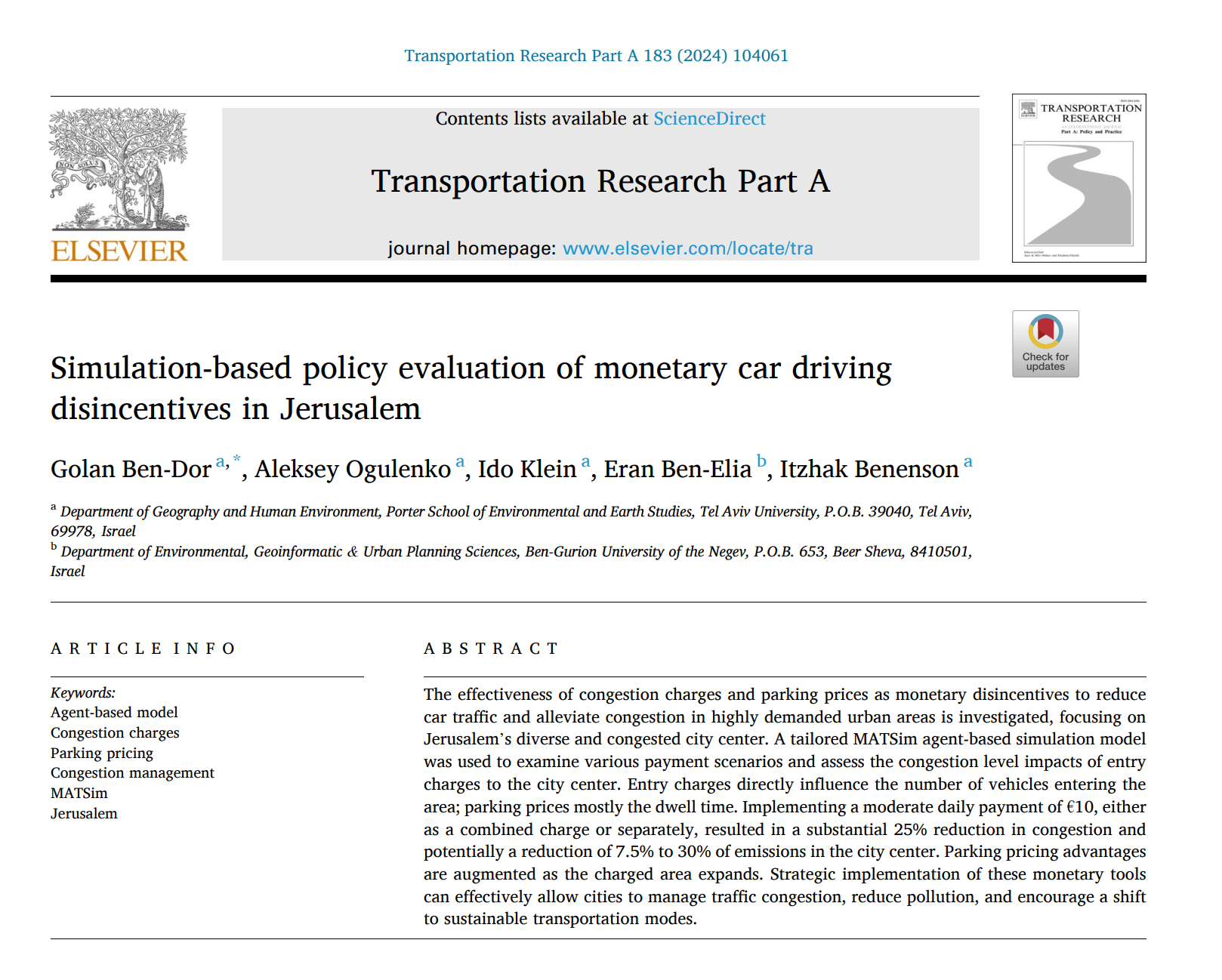 Robust Policy Evaluation - Transportation Research Part A 2024 - Congestion Pricing Jerusalem MATSim Study
